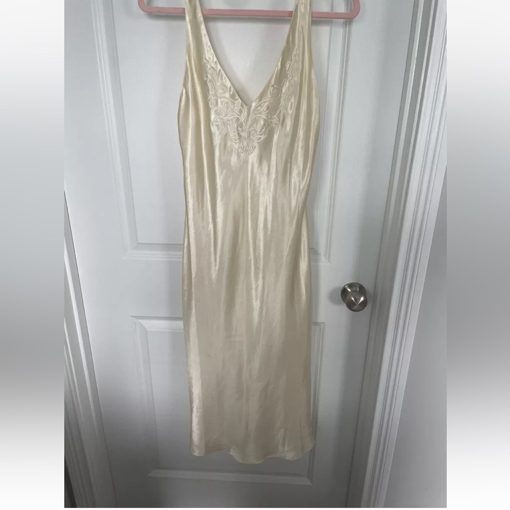 Vintage yellow satin lingerie slip dress with embroidery size medium